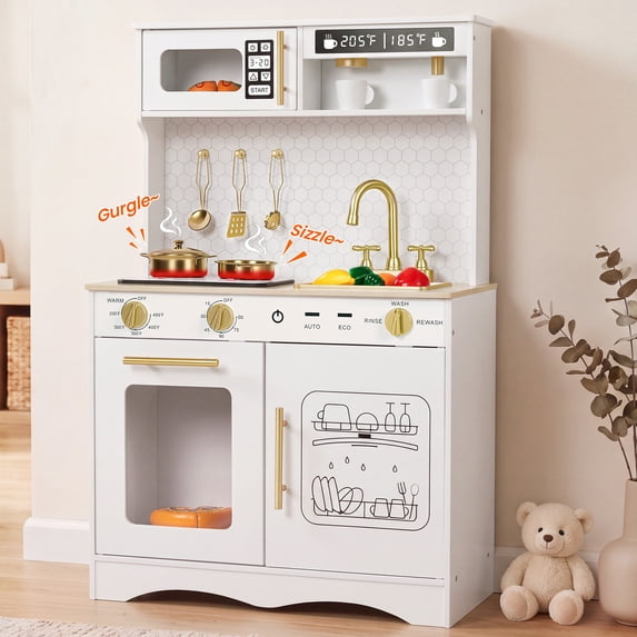 Wisairt Wooden Play Kitchen for Kids, Pretend Play Kitchen with Realistic Sounds & 17-Piece Accessory Set, White, Age 3+