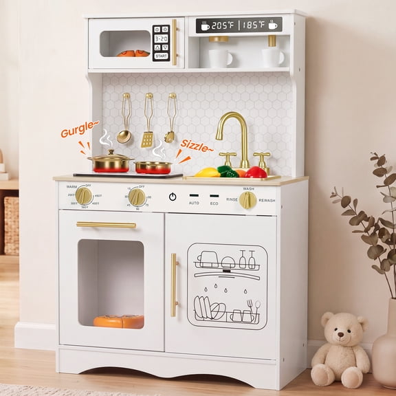 Wisairt Wooden Play Kitchen for Kids, Pretend Play Kitchen with Realistic Sounds & 17-Piece Accessory Set, White, Age 3+