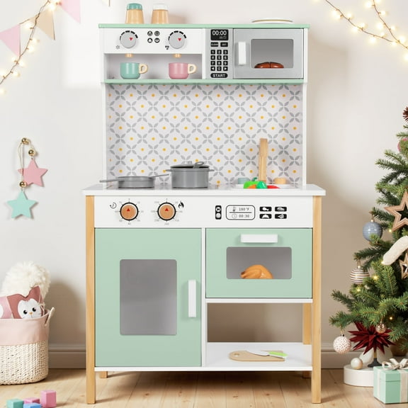 Wisairt Pretend Play Kitchen Set, Wooden Kitchen for Kids w/ Stove Sink Oven Microwave, Coffee Maker Gift for Boys Girls Age 3-8, Green