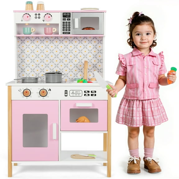 Wisairt Pretend Play Kitchen Set, Wooden Kitchen for Kids w/ Stove, Sink, Oven, Microwave, Coffee Maker Gift for Boys Girls Age 3-8, Pink
