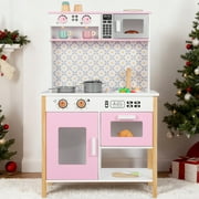 Wisairt Pretend Play Kitchen Set, Wooden Kitchen for Kids w/ Stove, Sink, Oven, Microwave, Coffee Maker Gift for Boys Girls Age 3-8, Pink