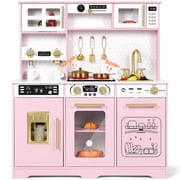 Wisairt Wooden Play Kitchen for Kids, Pretend Play Kitchen with Realistic Sounds & 23-Piece Accessory Set, Pink, Age 3+