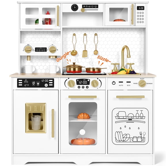 Wisairt Wooden Play Kitchen for Kids, Pretend Play Kitchen with Realistic Sounds & 23-Piece Accessory Set, White, Age 3+