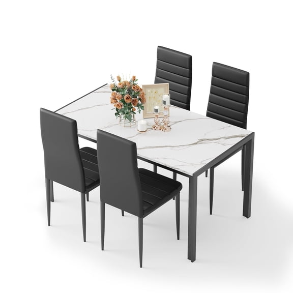 Wisakey 5-Piece Dining Table Set for 4 – Modern Kitchen Table with Faux Marble Top & Black PU Leather Chairs, Space-Saving Design for Small Spaces, Easy Assembly