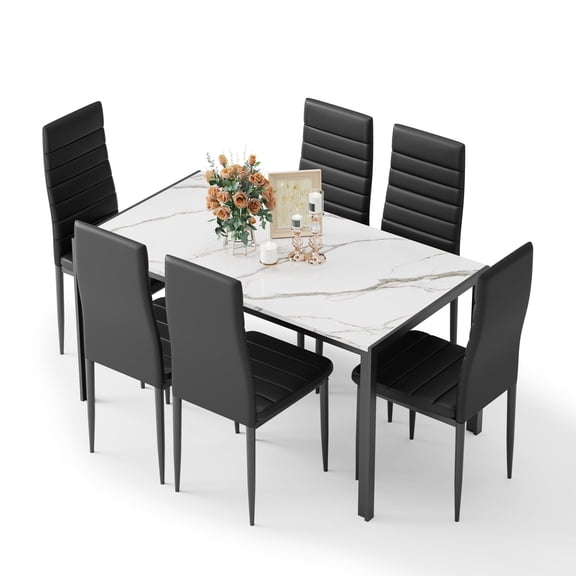 Wisakey 7-Piece Dining Table Set for 6 – Modern Kitchen Table with Faux Marble Top & Black PU Leather Chairs, Space-Saving Design for Small Spaces, Easy Assembly