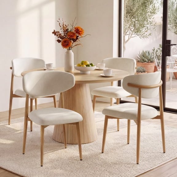 Wisakey Dining Chairs Set of 4, Linen Upholstered Side Chairs with Curved Ergonomic Backrest & Oak Grain Metal Legs, Mid-Century Modern Farmhouse Chairs for Dining Kitchen Living Room, Beige Oak
