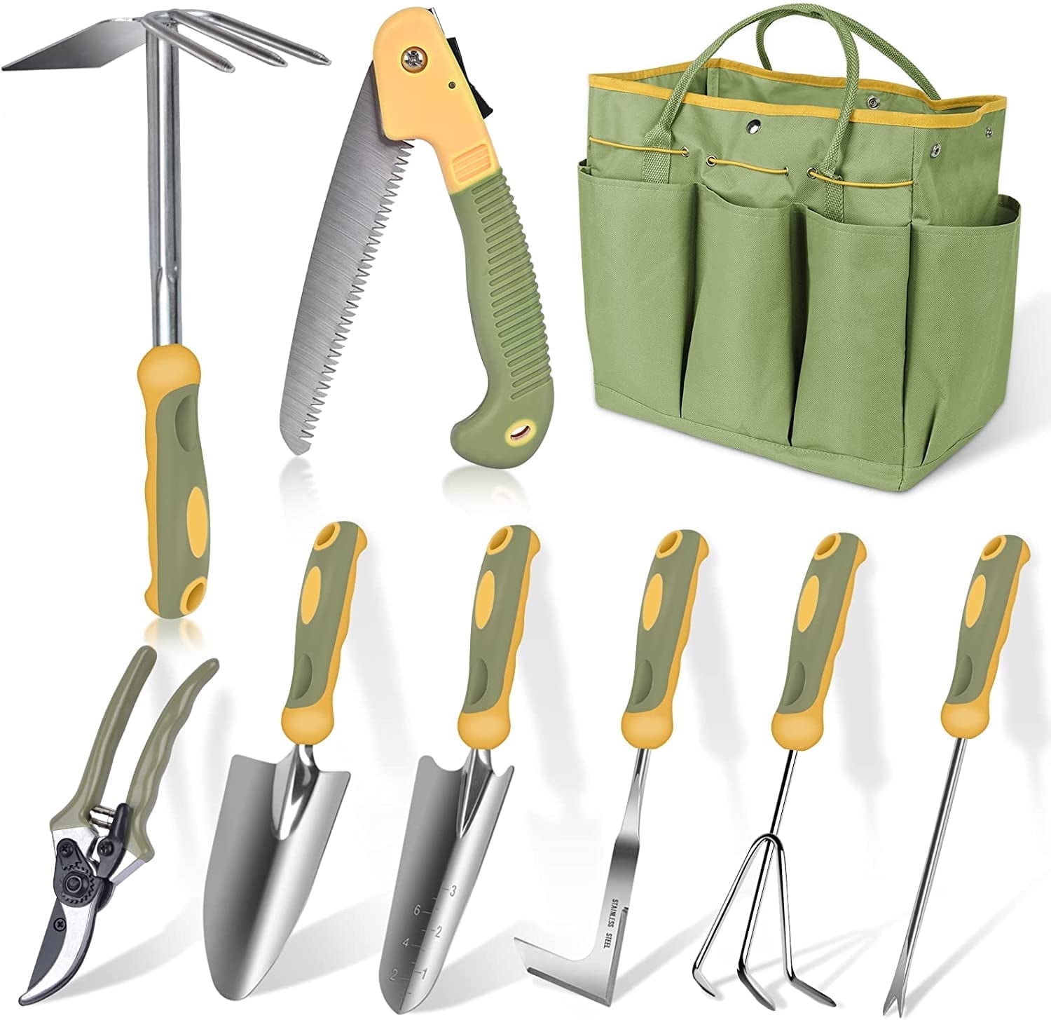 Wisakey Garden Tool Set 9-Pcs, Stainless Steel Heavy Duty Gardening Kit with Tool Bag - Ideal White Elephant & Practical Gift for Adults, Men & Women.