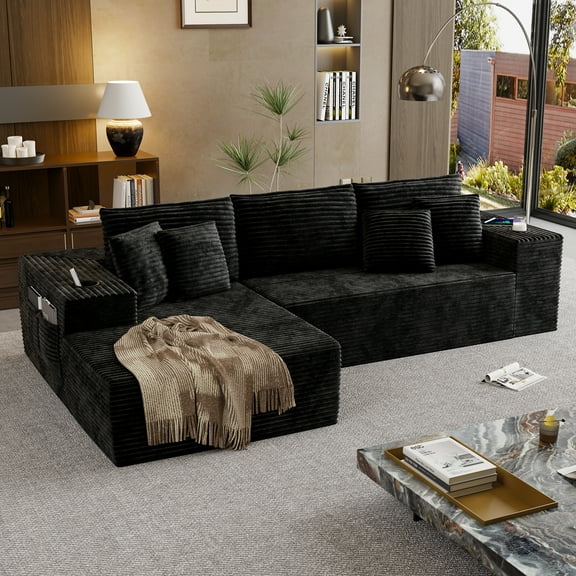 Wisakey Modular Compression Sofa Set with USB Charger, and Cup Holders, Cloud-Like Comfort, Black Cordless Fabric, No Assembly Required