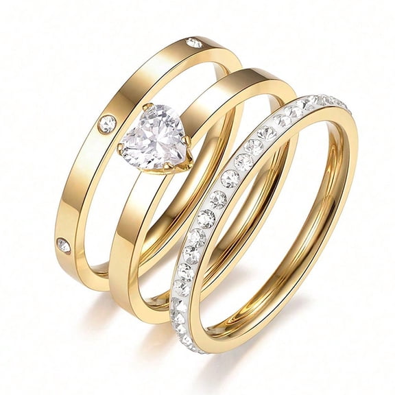 Wisbal 18K Gold Plated 3 Rings Set Titanium Steel 5A Cubic Zirconia Wedding Band Stackable Promise Ring Love Friendship Size 7