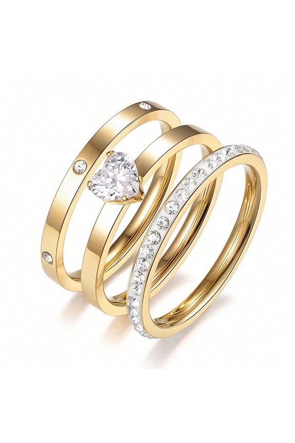 18K Gold Plated 3 Rings Set Titanium Steel 5A Cubic Zirconia Wedding Band Stackable Promise Ring Love Friendship Size 7