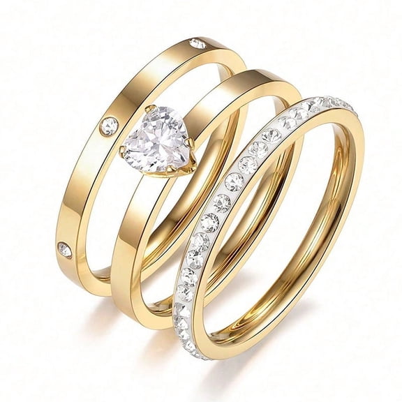 Wisbal 18K Gold Plated 3 Rings Set Titanium Steel 5A Cubic Zirconia Wedding Band Stackable Promise Ring Love Friendship Size 8