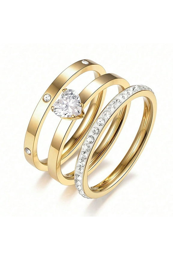 18K Gold Plated 3 Rings Set Titanium Steel 5A Cubic Zirconia Wedding Band Stackable Promise Ring Love Friendship