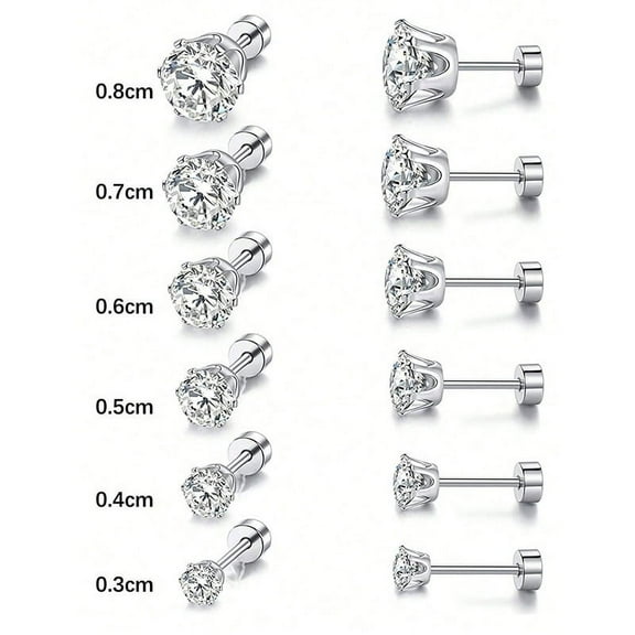 Wisbal 6 Pairs Stud Earrings Set Hypoallergenic Titanium Steel 3/4/5/6/7/8mm CZ Earrings 5A Cubic Zirconia Round Stud Earrings Flat Back Earrings for Women