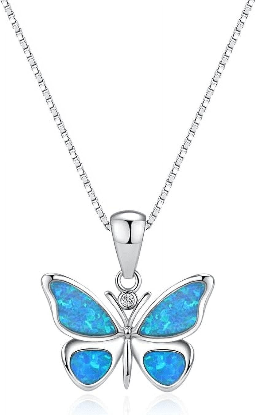 Wisbal 925 Sterling Silver Opal Butterfly Necklace, Butterfly Charm Jewelry, Blue Opal Necklace, Exquisite Butterfly Pendant