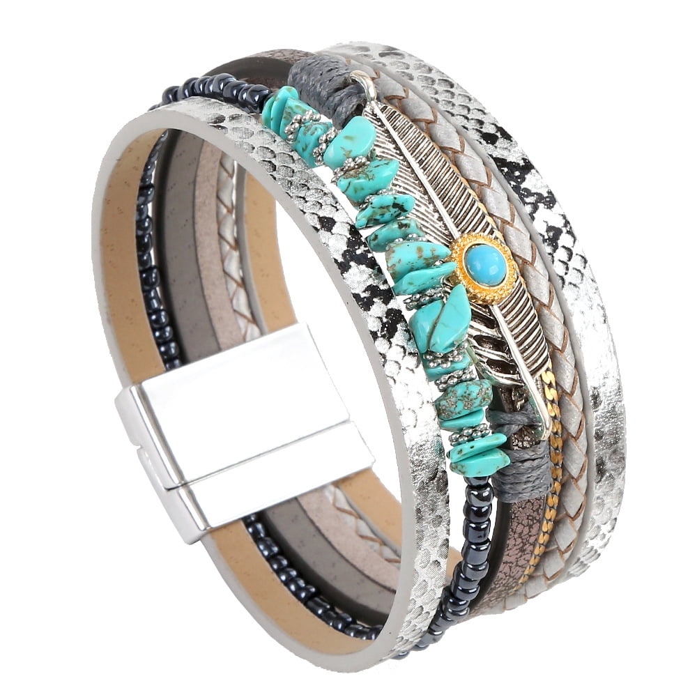 Wisbal Boho Leather Wrap Bracelets for Women Turquoise Cuff Bracelets ...