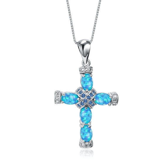 Wisbal Cross Necklace for Women 925 Sterling Silver Blue Opal Pendant Crucifix Necklace Box Chain 16"+2"
