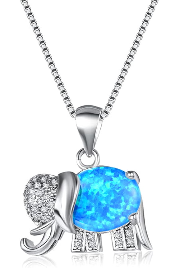 Elephant Pendant 925 Sterling Sliver Blue Opal Elephant Necklace Lucky Running Elephant Lover Jewelry Box Chain 16"+2" inches