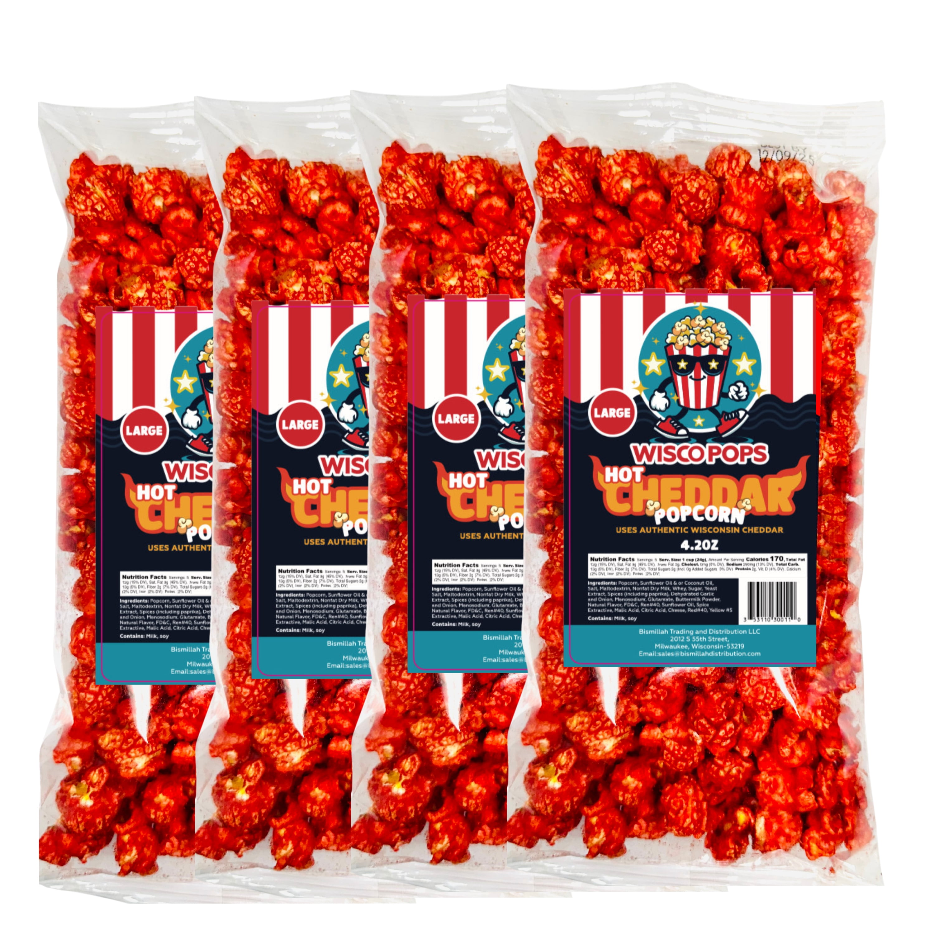 Wisco Pops Hot Cheddar Popcorn Pack of 4, 4.2 Oz