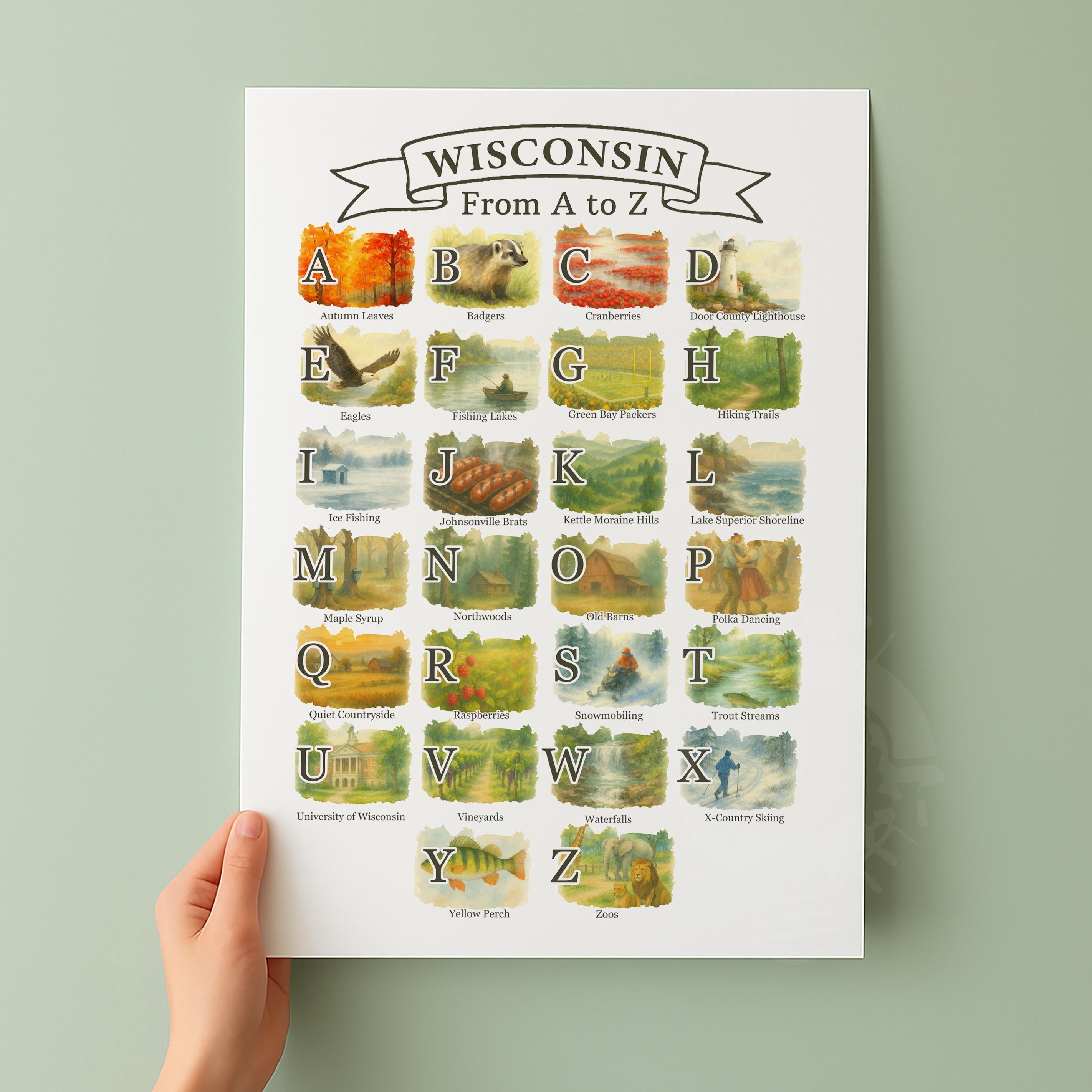 Wisconsin A-Z Alphabet State Symbols And Icons Travel Art Travel Wall ...