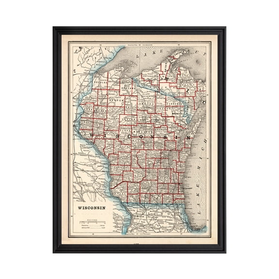 Wisconsin Art, 1893 Vintage Map of Wisconsin History Wall Decor Gift, Old Wisconsin Map - 18" x 24" Black Framed Print