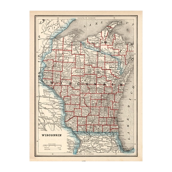 Wisconsin Art, 1893 Vintage Map of Wisconsin History Wall Decor Gift, Old Wisconsin Map - 24" x 36" Unframed Print