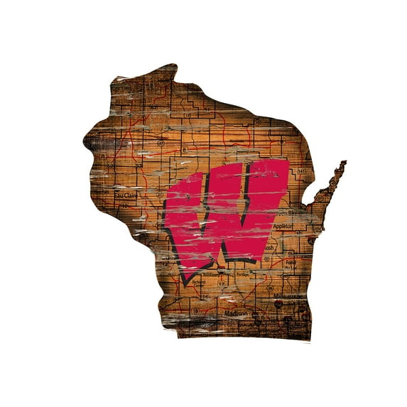 Wisconsin Badgers 23.5" x 23.5" Distressed State with Logo Sign