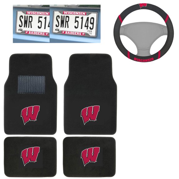 Wisconsin Badgers 4 Carpet Floor Mats And 2 Chrome Metal License Plate Frames With Wheel Cover