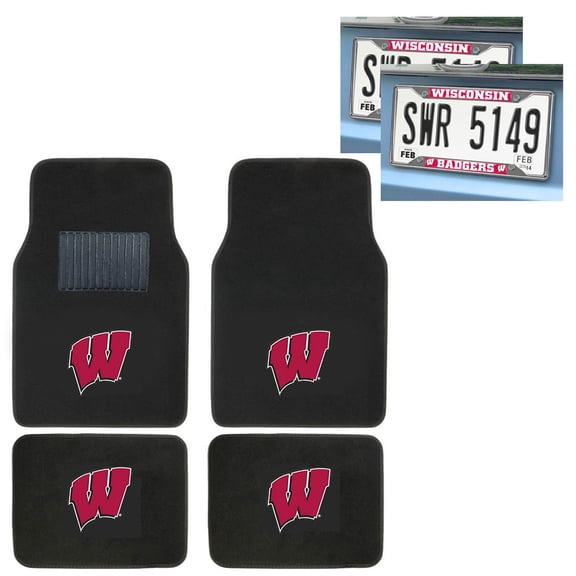 Wisconsin Badgers 4 Carpet Floor Mats And 2 Chrome Metal License Plate Frames