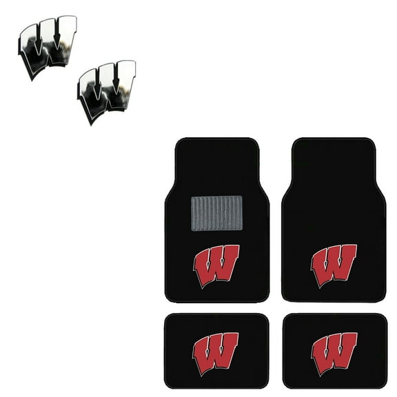 Wisconsin Badgers 4 Pc Carpet Floor Mats And 2 Chrome Emblems
