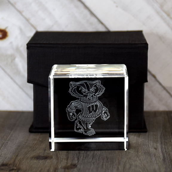 Wisconsin Badgers Laser Engraved Crystal Cube by Fan Frenzy Gifts