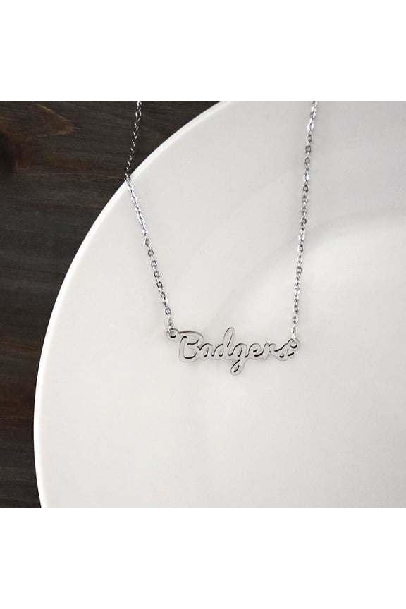 Wisconsin Badgers Silver Script Necklace by Fan Frenzy Gifts