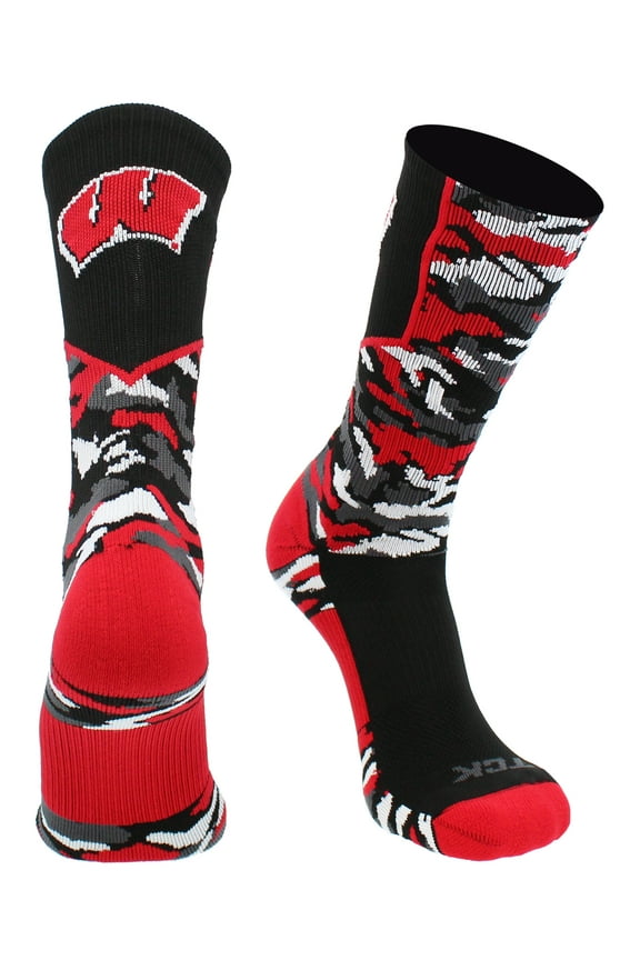 Wisconsin Badgers Woodland Camo Crew Socks (Black/Cardinal, X-Large)