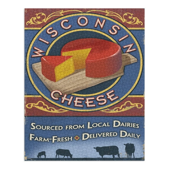 Wisconsin, Cheese Vintage Sign (1000 Piece Puzzle, Size 19x27, Challenging Jigsaw Puzzle for Adults and Family, Made in USA)