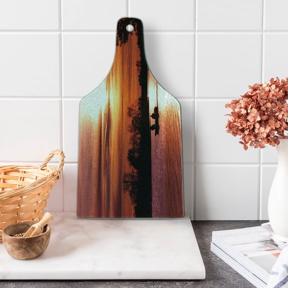Wisconsin Cutting Board, Dramatic Sky in Warm Tones at Sunset Tree and Boat Silhouettes on Lake Waller, Decorative Tempered Glass Cutting and Serving Board, in 3 Sizes, by Ambesonne