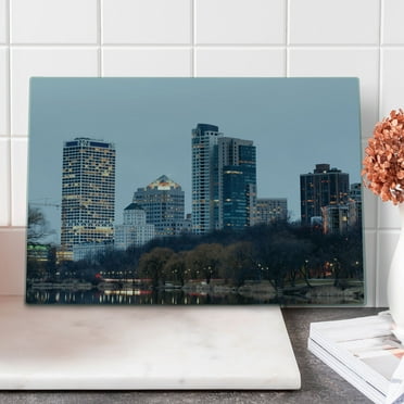 Wisconsin Cutting Board, North Lincoln Memorial Drive in Milwaukee with Skyscrapers and Autumn Trees, Decorative Tempered Glass Cutting and Serving Board, in 3 Sizes, by Ambesonne