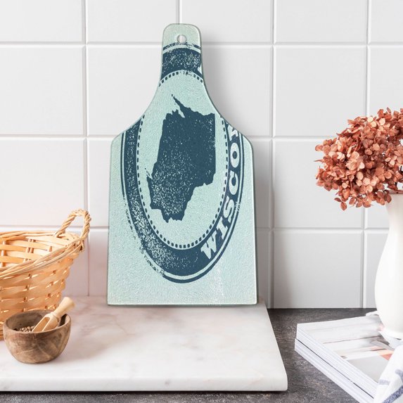 Wisconsin Cutting Board, Retro Grunge Stamp Design Political Map Silhouette and Name Badger State, Decorative Tempered Glass Cutting and Serving Board, in 3 Sizes, by Ambesonne