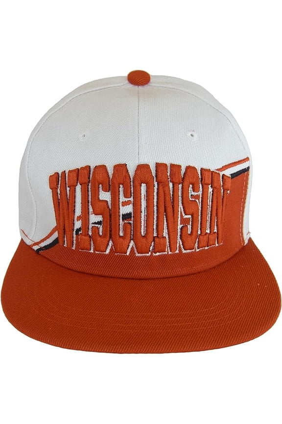 Wisconsin Diagonal Split Color Font Snapback Baseball Cap (White/Red)