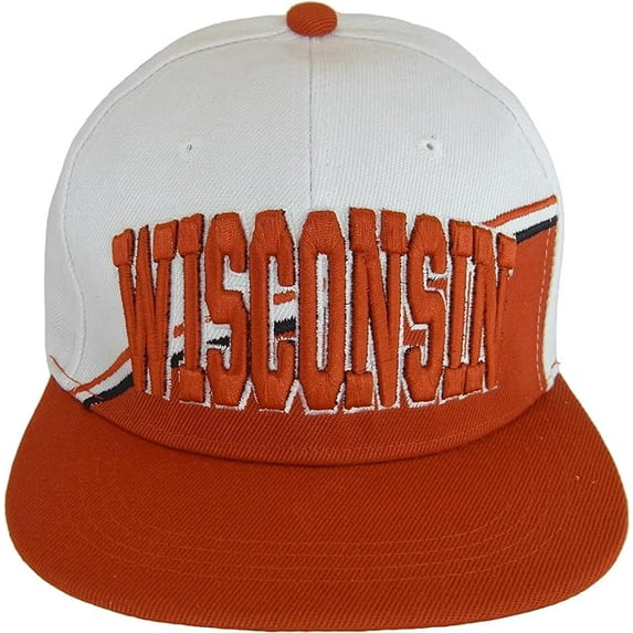 Wisconsin Diagonal Split Color Font Snapback Baseball Cap (White/Red)