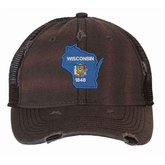 Wisconsin Cap - Distressed State Flag Design - Vintage Badger State Trucker Strapback Hat (Charcoal)
