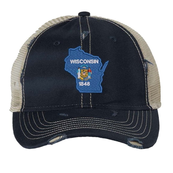 Wisconsin Cap - Distressed State Flag Design - Vintage Badger State Trucker Strapback Hat (NavyBlue)