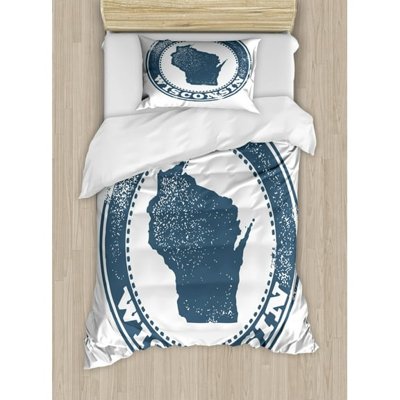Wisconsin Duvet Cover Set Twin Size, Retro Grunge Stamp Design Political Map Silhouette and Name Badger State, Decorative 2 Piece Bedding Set with 1 Pillow Sham, Slate Blue White, by Ambesonne
