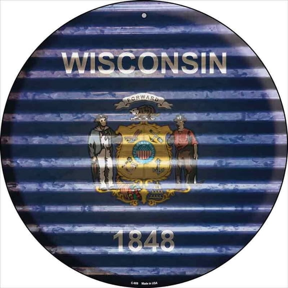 Wisconsin Flag Corrugated Effect Circular Metal Sign Home Garage Wall Decor Size: 8 x 8 inch