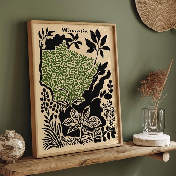 Wisconsin Map Botanical Abstract Green Nature Poster, Unframed Paper Poster 8x10in