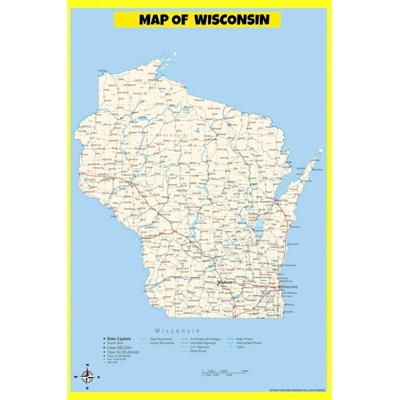 Wisconsin Map Poster - Laminated Wall Map - Style B - 24x36 - Ideal for Classrooms and Homes – Features Bright Colors and Vivid Imagery