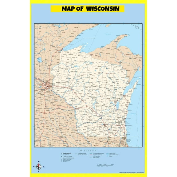 Wisconsin Map Poster - Laminated Wall Map - Style D - 36x60 - Ideal for Classrooms and Homes – Features Bright Colors and Vivid Imagery