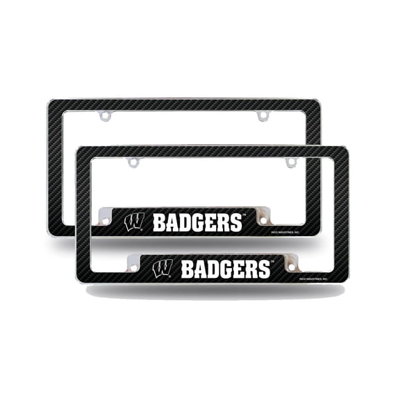Wisconsin NCAA Badgers (Set of 2) Chrome Metal License Plate Frames with Carbon Fiber Design