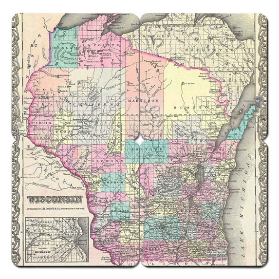 Torched Wood Drink Beer Coaster Wisconsin Old World Map 4"x4" Multicolor