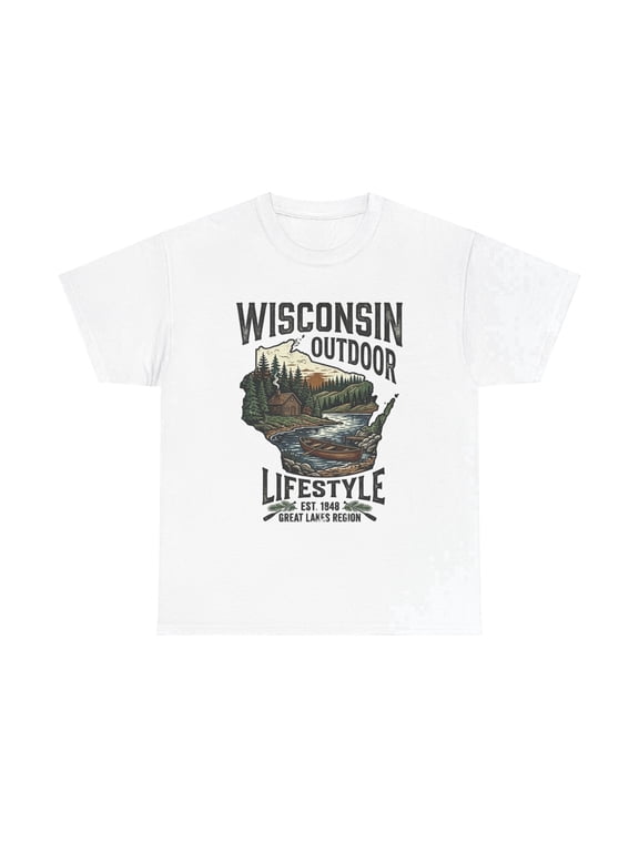 Wisconsin Outdoor Lifestyle, Landscape Graphic, Crew Neck T-Shirt XL