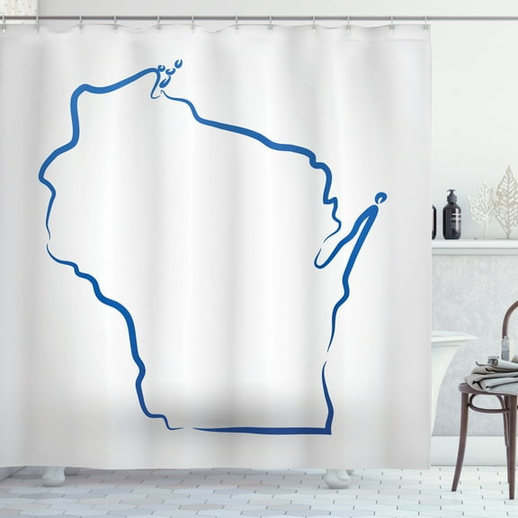 Wisconsin Shower Curtain, Simplistic Monochrome Outline Stylized Badger State Map on Plain Backdrop, Fabric Bathroom Set with Hooks, 69W X 84L Inches Extra Long, Cobalt Blue White, by Ambesonne