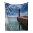 thumbnail image 1 of Wisconsin Soft Flannel Fleece Throw Blanket, Image of Milwaukee Lighthouse with Dramatic Cloudy Sky and Tranquil Pure Water, Cozy Plush for Indoor and Outdoor Use, 70" x 90", Multicolor, by Ambesonne, 1 of 6